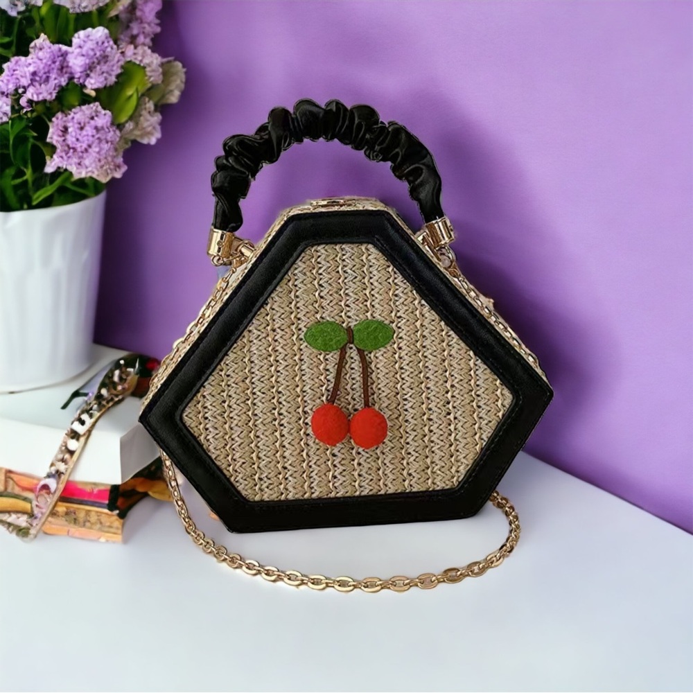 Top Handle Handbag Basket Weave And Floral Design Baggu